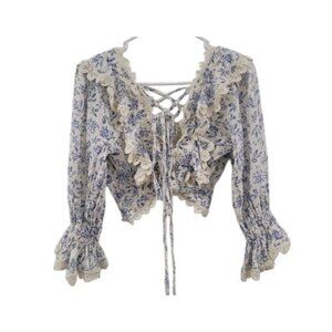 Olivaceous Womens Coquette Top  Large Crop Floral Toile Cottagecore Milkmaid